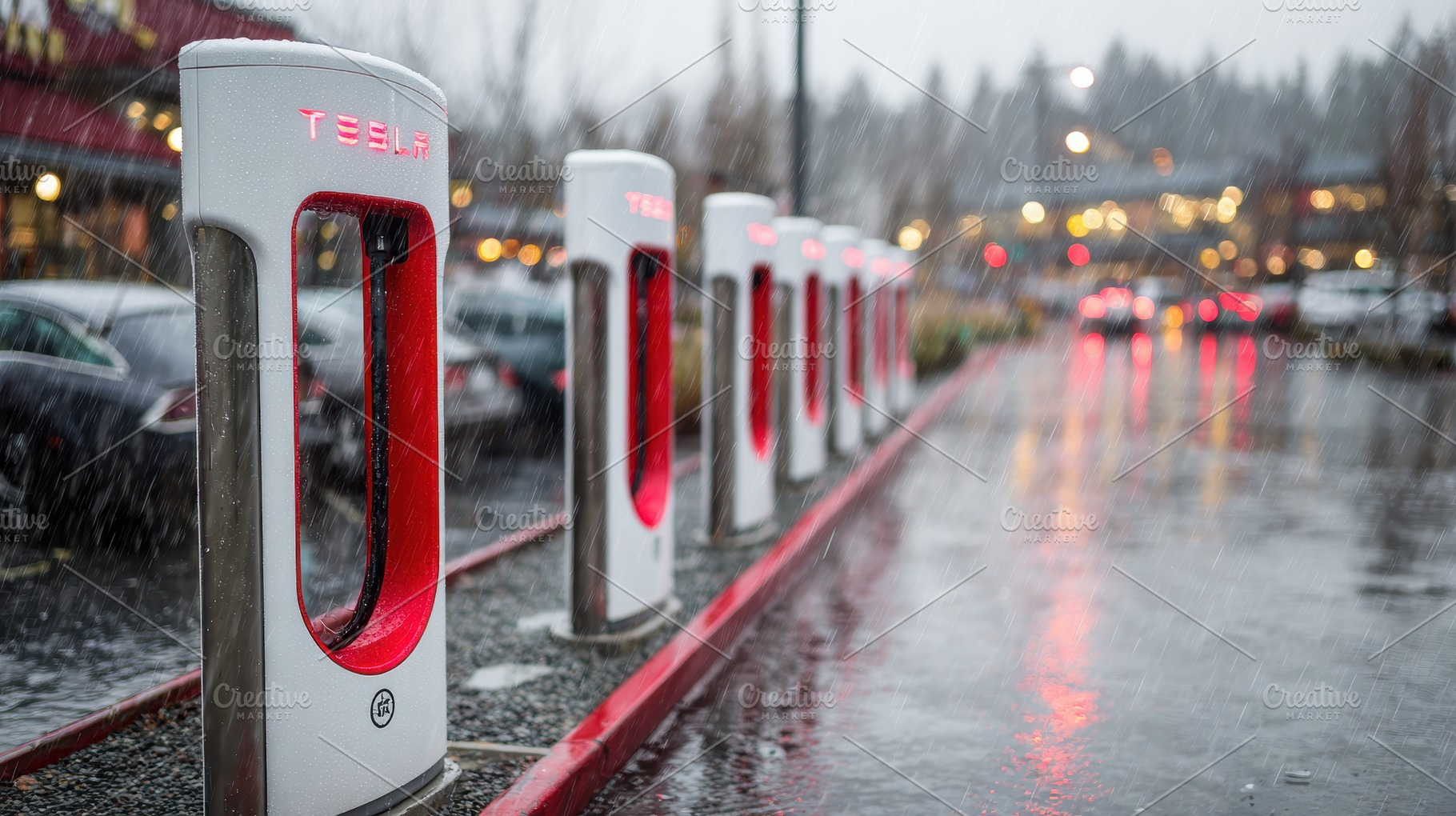 Tesla Superchargers in the Rain Elec, a Photo by Pixeness Studio