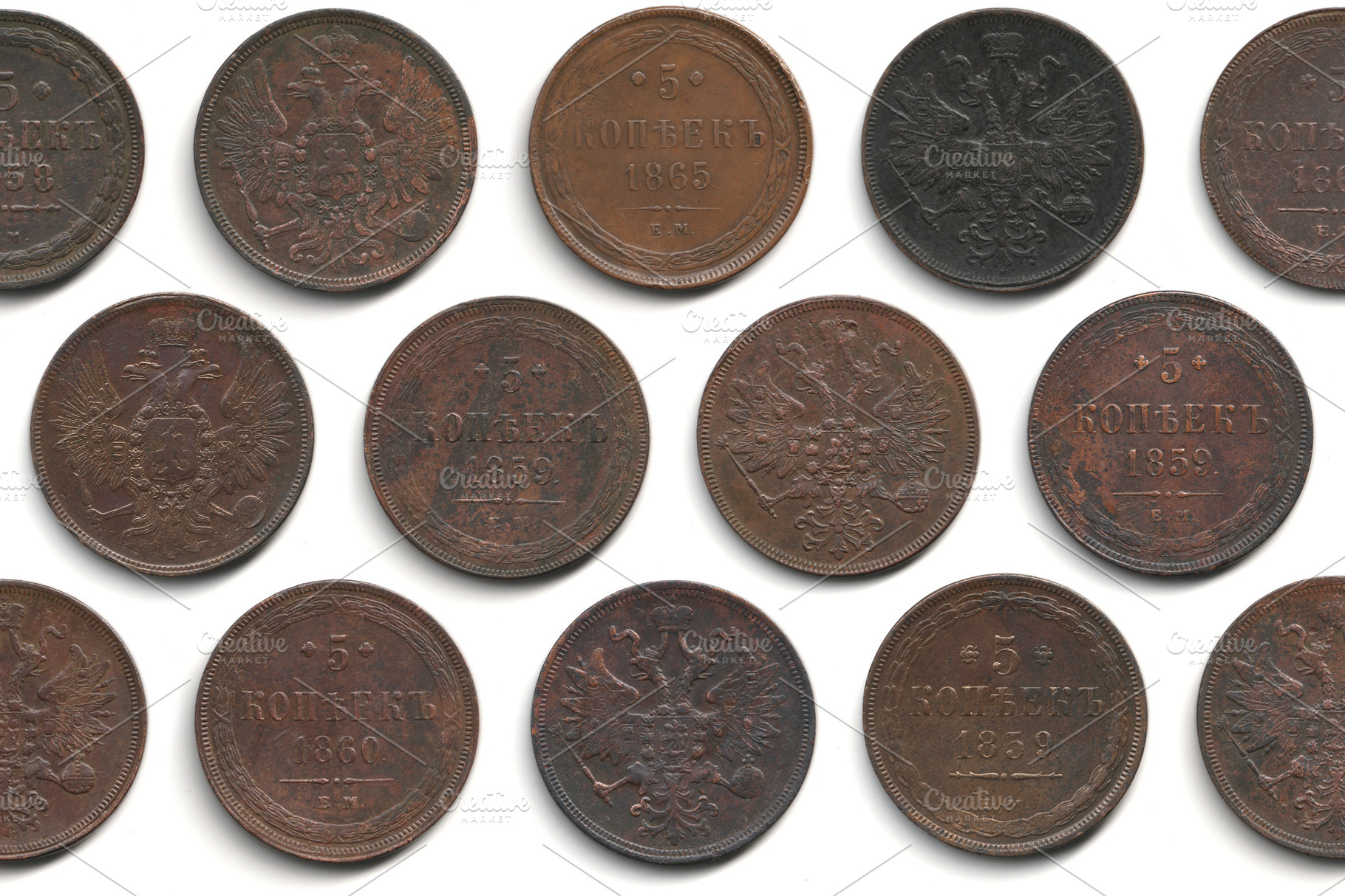 Old copper Russian Empire 5 kopeck coins 1849-1867 Nicholas I - Alexander II ar, an Arts & Entertainment Photo by Textures & Backgrounds