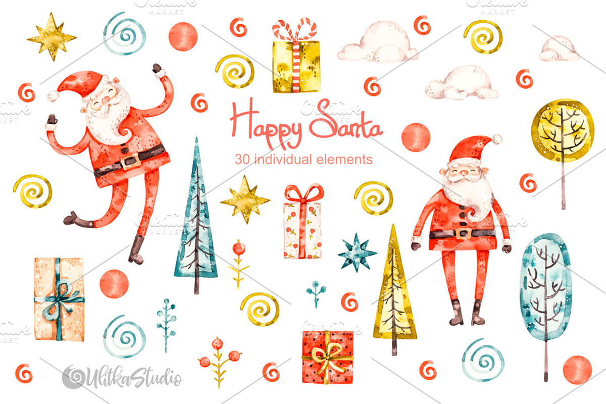 Happy Santa Claus. Christmas clipart, a Decorative Illustration by UlitkaStudio (Photo 3 of 10)