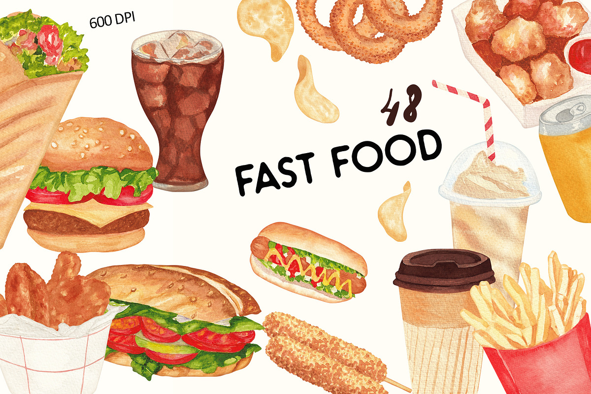 Fast Food Watercolor Clipart Set, a Food Illustration by Sunshine Art (Photo 1 of 9)