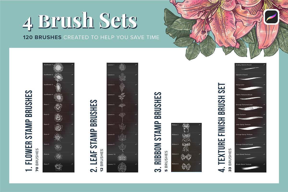 120 Floral Procreate Stamp Brushes, a Brush Add-On by Riveros Illustration (Photo 2 of 13)