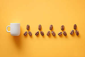 Beans arranged to create the appearance of walking into a mug on a bright backg, a Food & Drink Photo by AlyaAnd