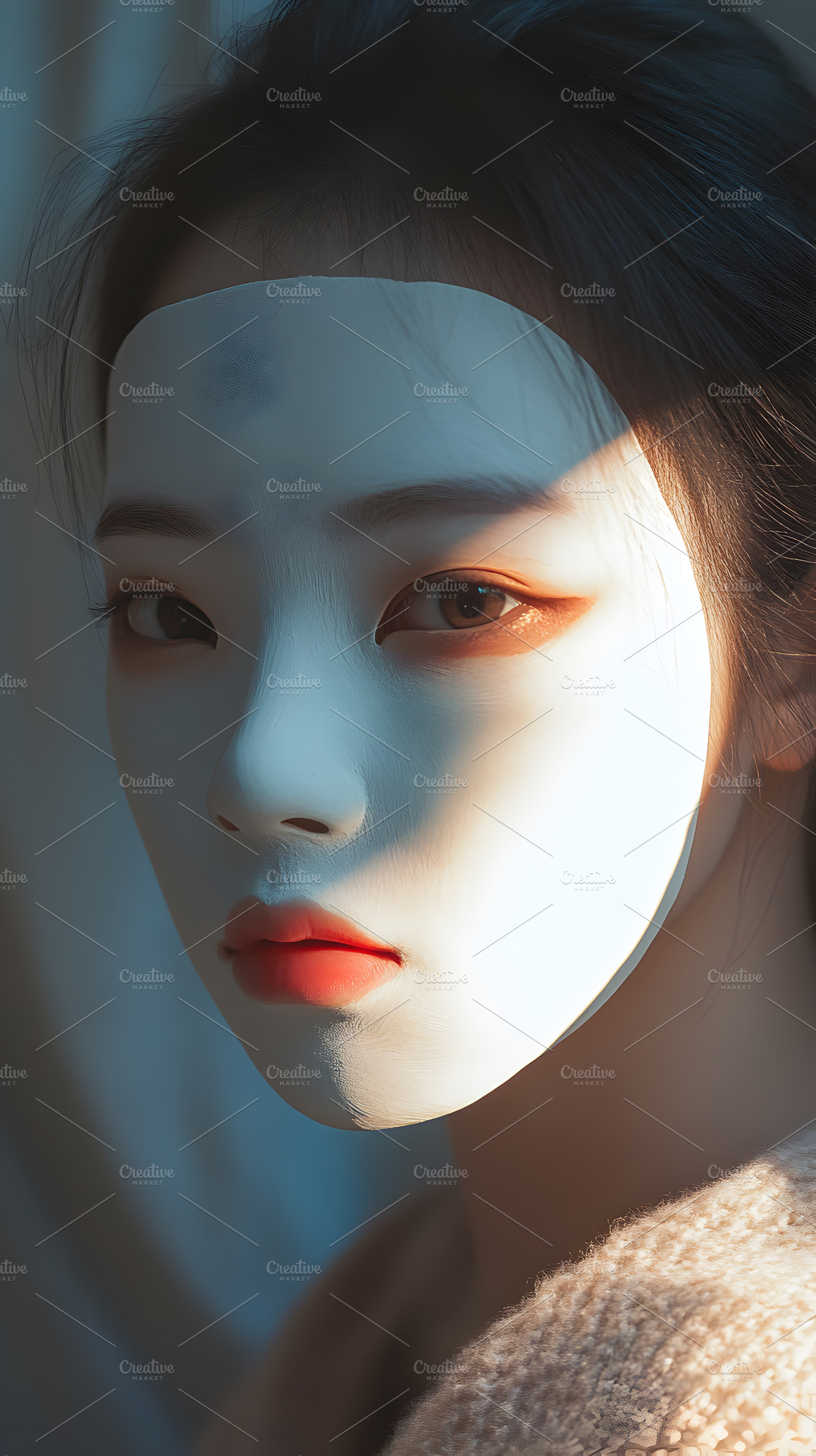 Woman with white clay face mask in soft light, a Person Photo by Photostock