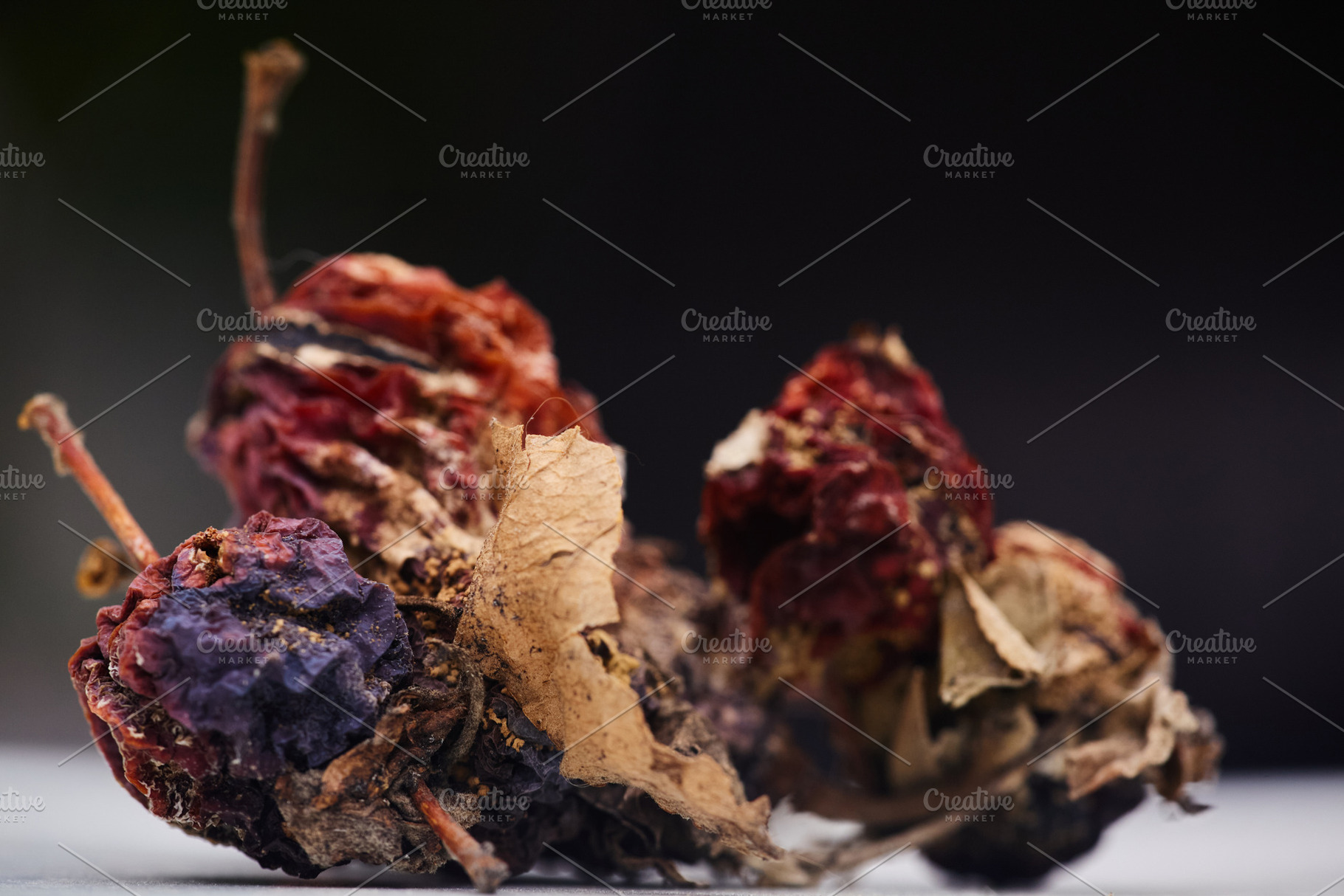 Dried rotten wild apples macro photo on dark blurred background. Close-up photo, a Nature Photo by Rohan Photography