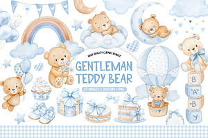 Watercolor Blue Gentleman Teddy Bear, an Animal Illustration by TatiMockup