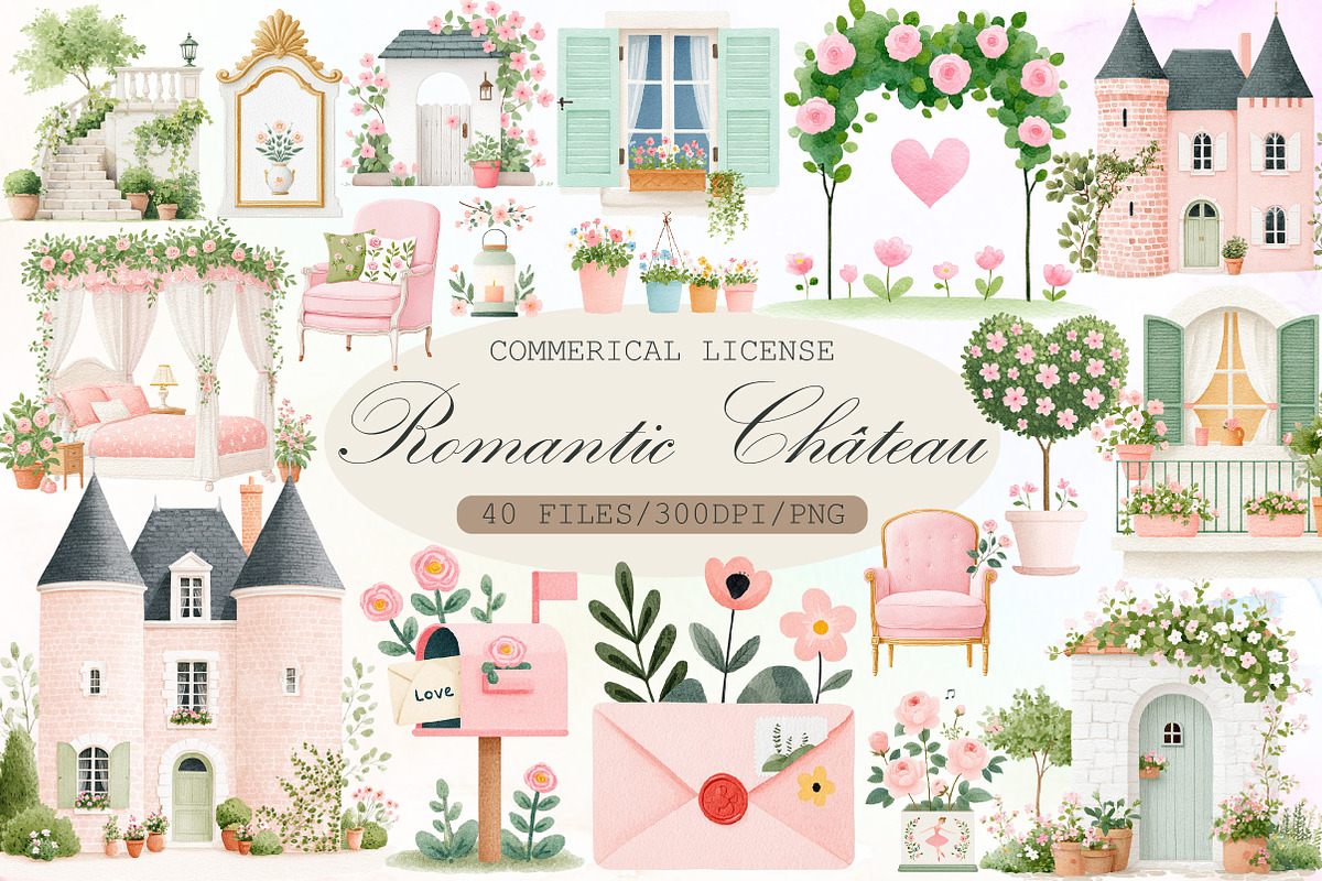 Romantic Château Watercolor Clipart, an Illustration by Sublimation Artist (Photo 1 of 6)