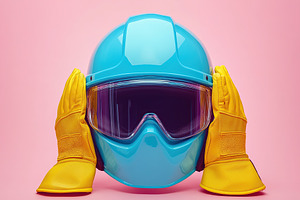 A pair of new yellow work gloves grips a blue helmet, set against a pink backgr, a Photo by AlyaAnd