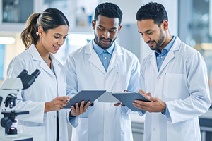 Scientists in lab coats collaborating over digital tablets and m, an Industrial Photo by DanFLCreativo