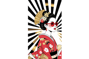Stylish geisha in traditional red, an Illustration by tilialucida