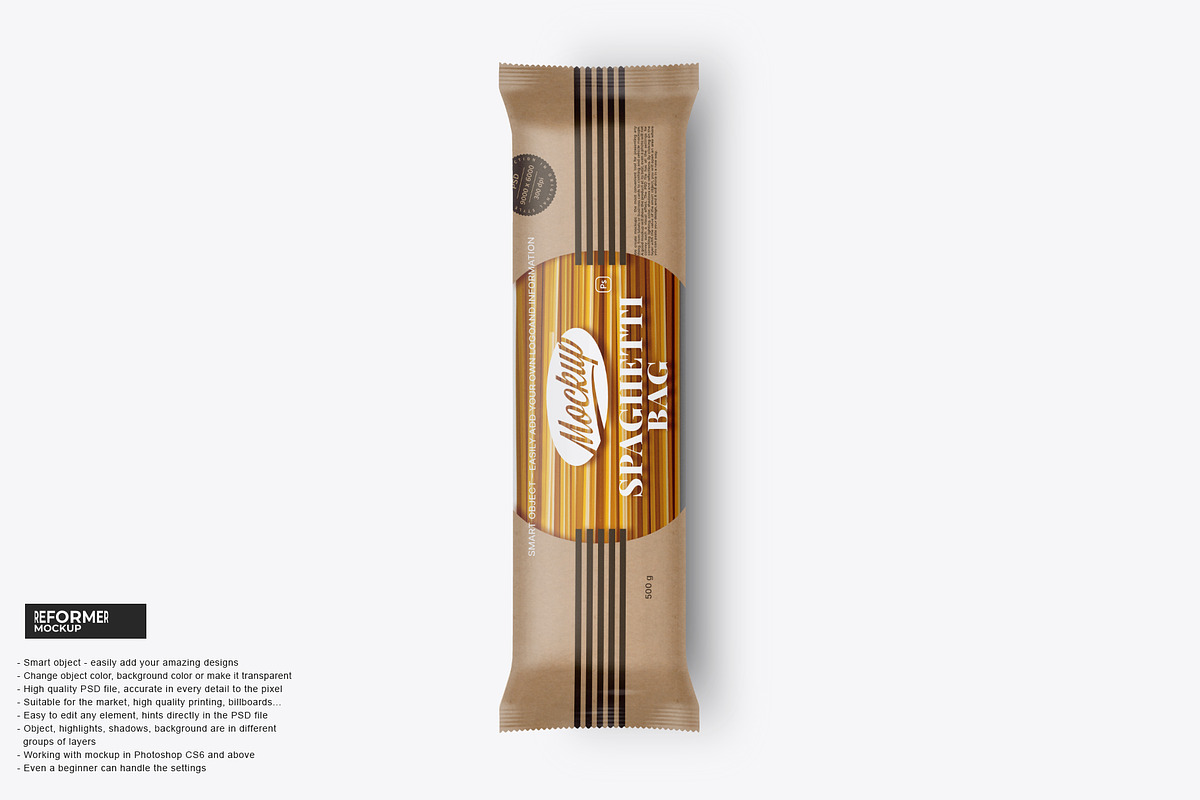 Kraft Spaghetti Pasta Bag Mockup, a Packaging Mockup by Reformer Mockup (Photo 1 of 4)