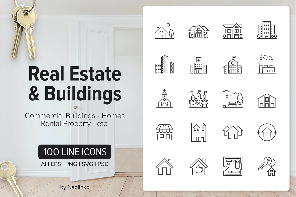 100 Real Estate & Buildings Icons, an Outline Icon by Nadiinko (Photo 1 of 3)