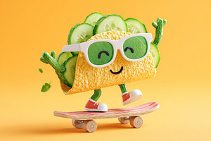 Cartoon taco character with glasses joyfully skating on a skateboard against a, a Food & Drink Photo by AlyaAnd