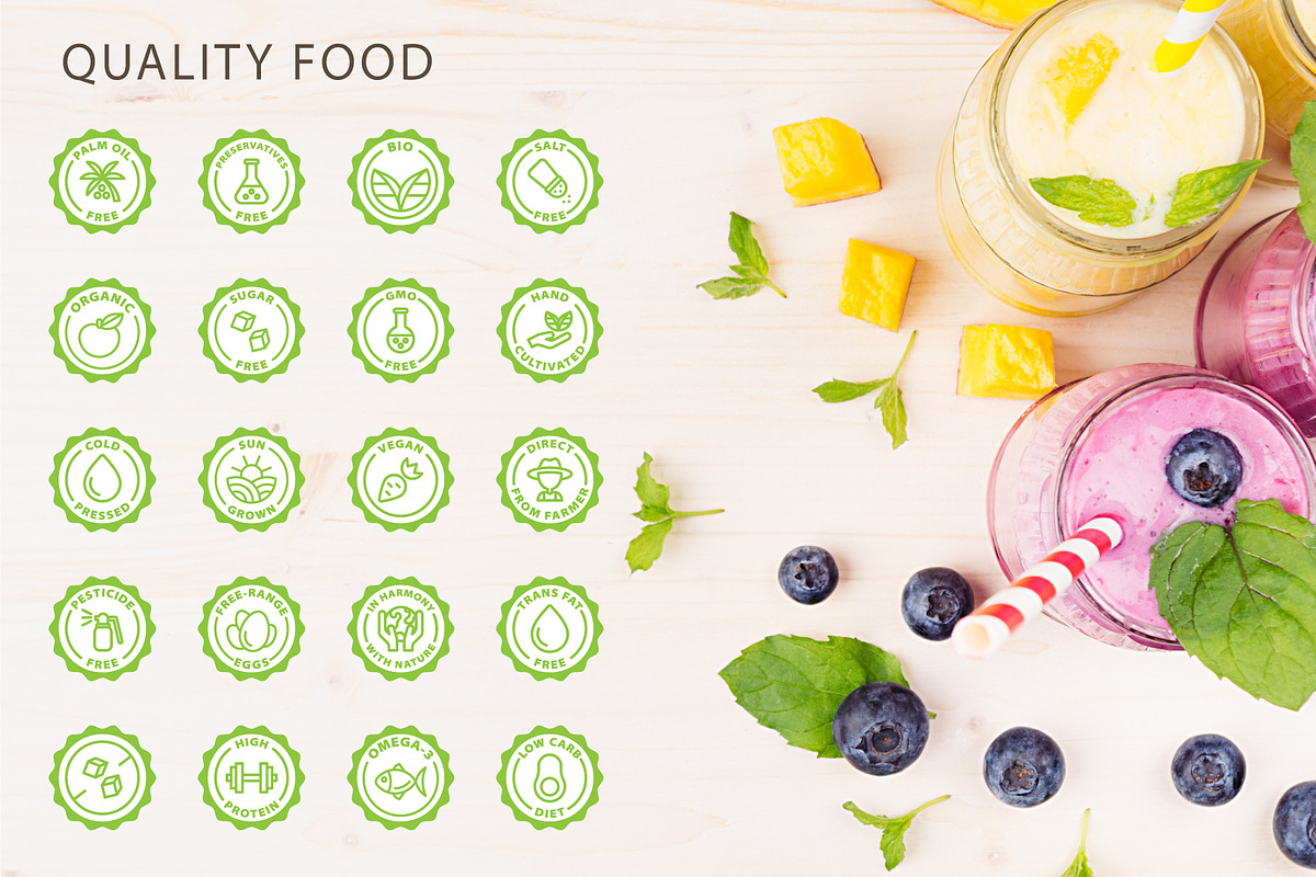Eco, bio and quality green stamps, an Outline Icon by RevolutionizZed (Photo 2 of 11)