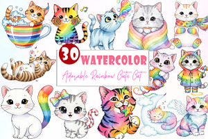 Adorable Rainbow Cute Cat Clipart, an Illustration by Watercolor design