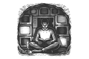Man reading book in cave surrounded, a Photo by AlexArt