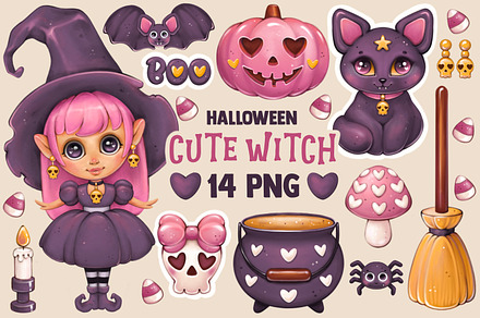 Cute pink Halloween, little witch