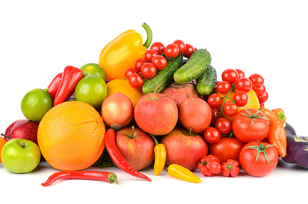 Multi-colored and appetizing fruits and vegetables useful for he