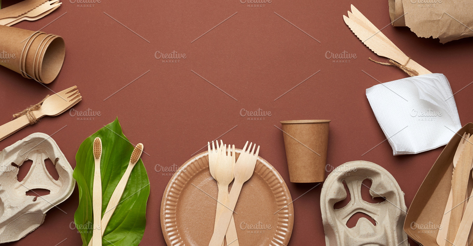 Set of disposable biodegradable tableware and hygiene products o, a Food & Drink Photo by ndanko