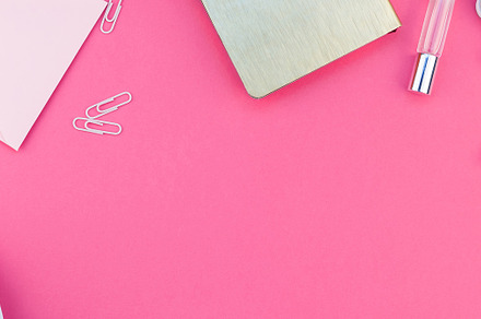 Styled pink feminine workspace flat containing desktop, woman, and female, a School & Education Photo by Dvoevnore photos