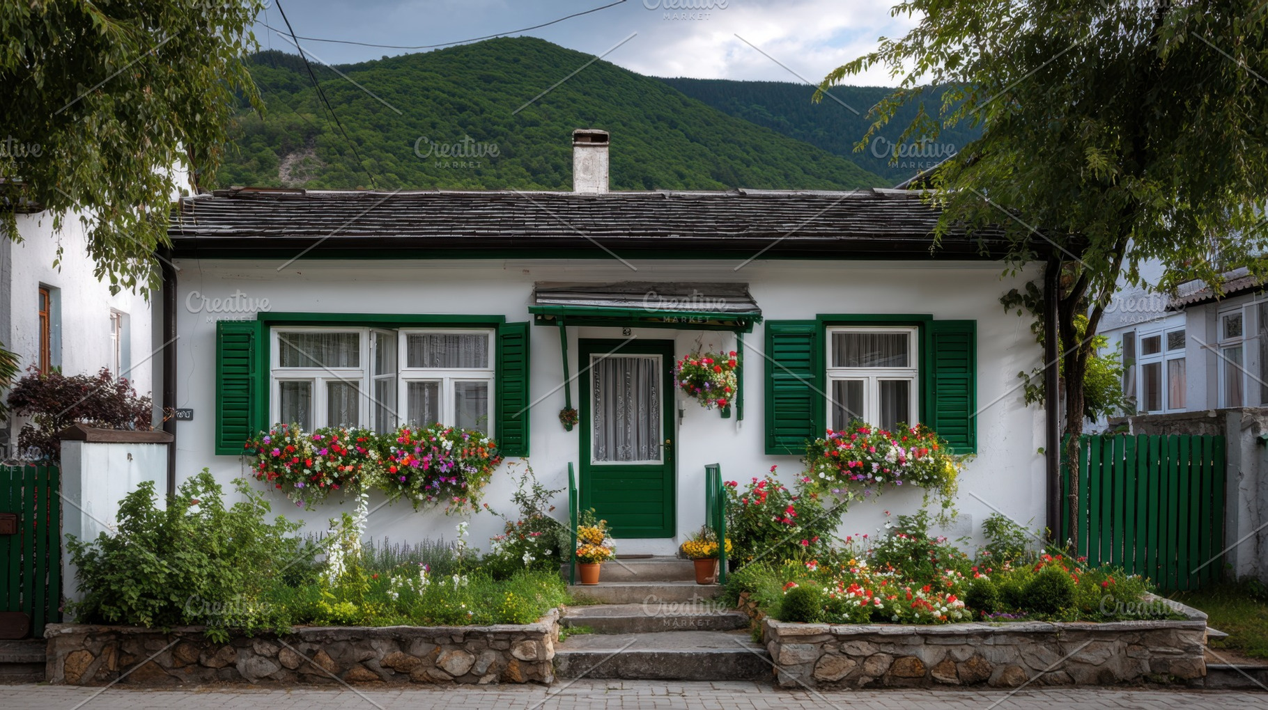 Charming cottage with flowers, a Photo by Beautiful things