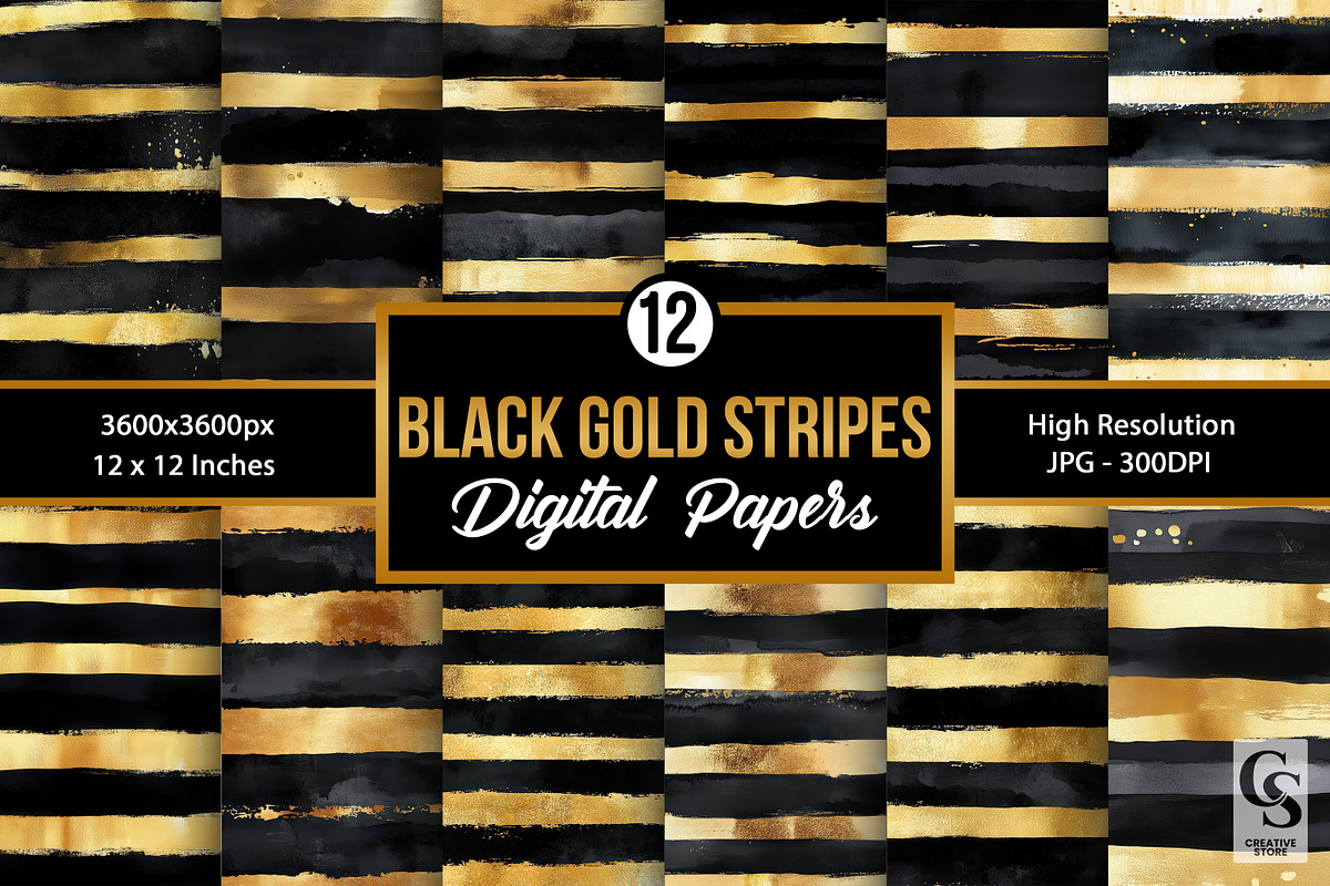 Black Gold Watercolor Stripe Pattern, a Pattern Graphic by Creative Store (Photo 1 of 4)