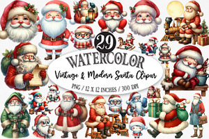Vintage & Modern Watercolor Santa, an Illustration by Designking