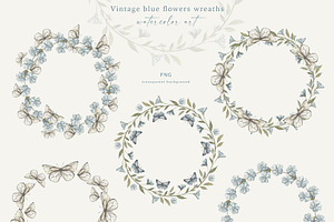 Vintage Blue Floral. Watercolor Art