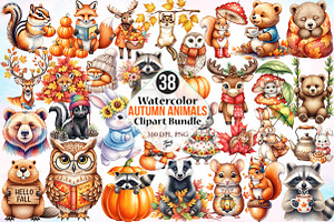 Watercolor Autumn Animals Clipart, a Seasonal Illustration by Canvas Craft