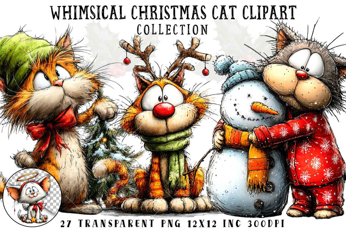Whimsical Christmas Cat Clipart, an Illustration by OK Design (Photo 1 of 6)