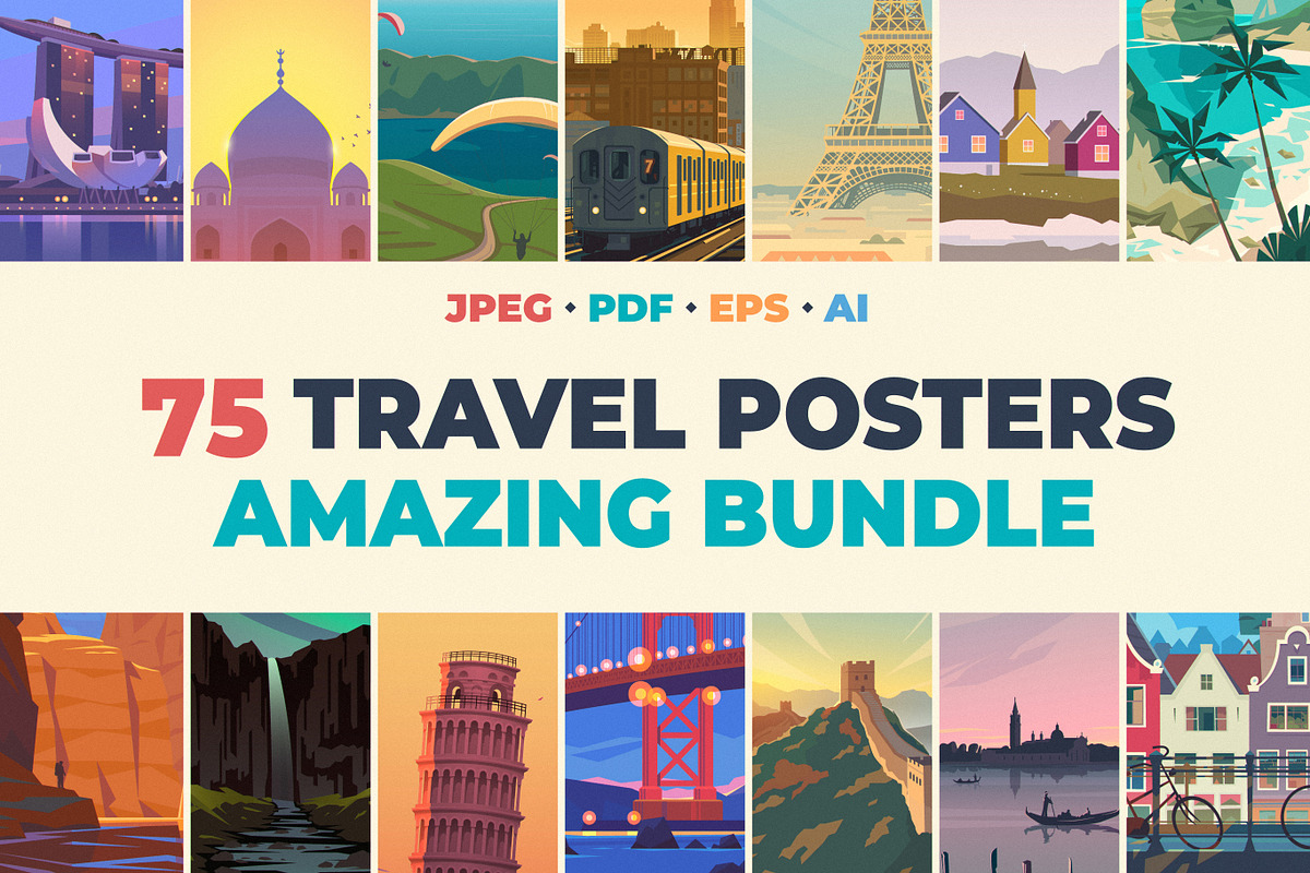 75 Travel Posters. Amazing bundle., an Illustration by Red Monkey (Photo 1 of 13)