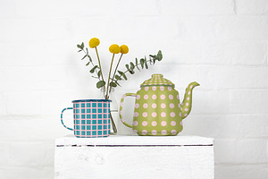 Enamel Teapot And Mugs Mockup Set