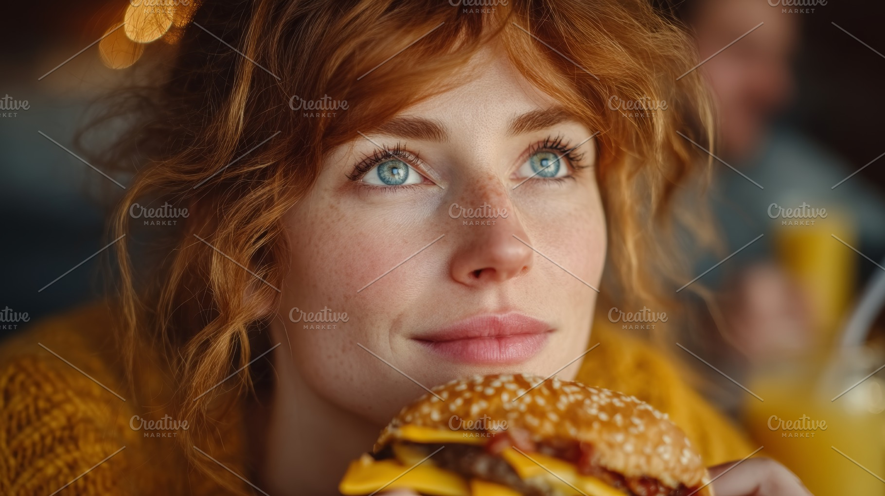 Young woman enjoying a delicious burger while reflecting at a cozy cafe, a Photo by AS photostudio