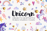 Unicorn objects and patterns set, an Object Illustration by likorbut (Thumbnail 1 of 4)