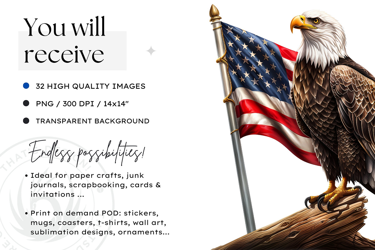 Patriotic Bald Eagle Clipart PNG V2, a Seasonal Illustration by ThatsDesignArt (Photo 2 of 10)