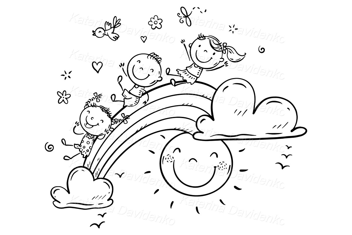 Happy cartoon kids on rainbow., a Seasonal Illustration by Bubert Art (Photo 2 of 2)
