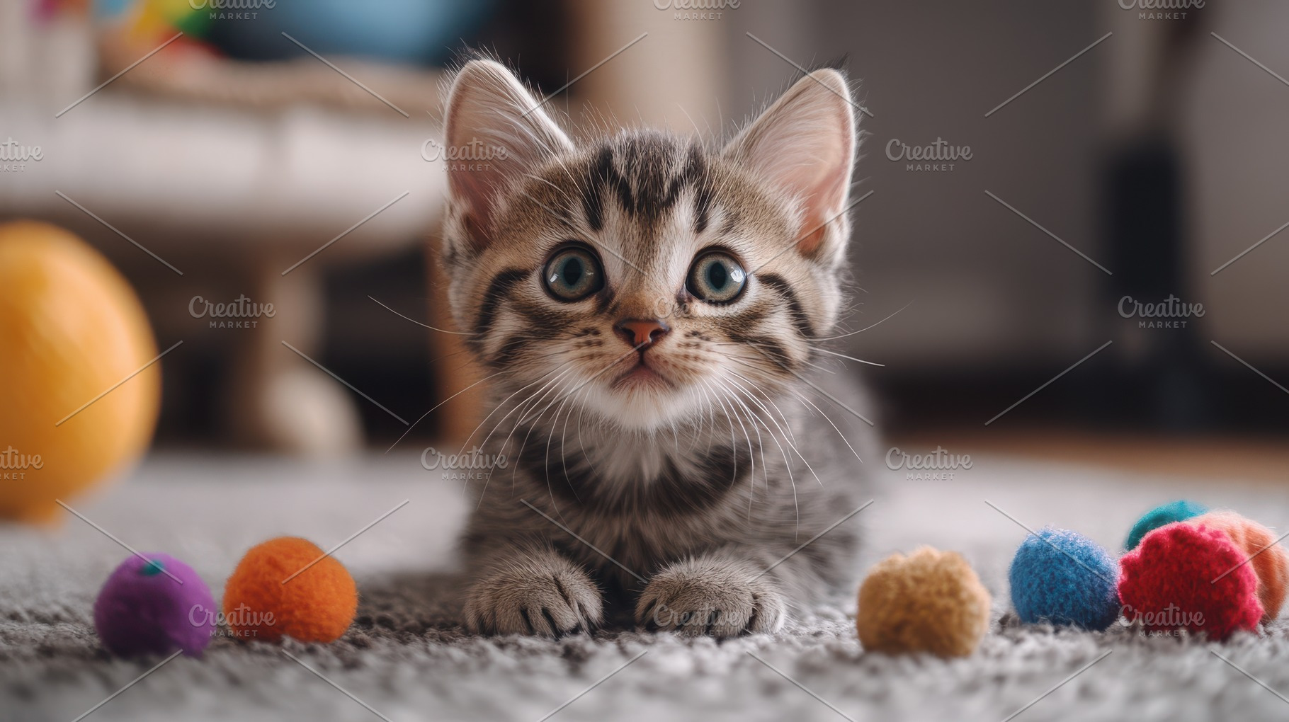 Adorable tabby kitten lying on a sof, an Animal Photo by Pixeness Studio