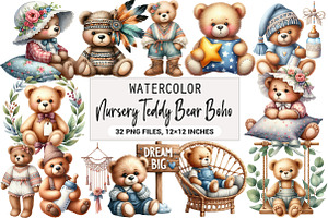 Nursery Teddy Bear Clipart,Boho, an Illustration by DreamArtGraphic