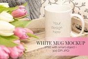 White Mug w Tulips on Tray Mockup, a Product Mockup by Kreanille Design (Thumbnail 1 of 2)