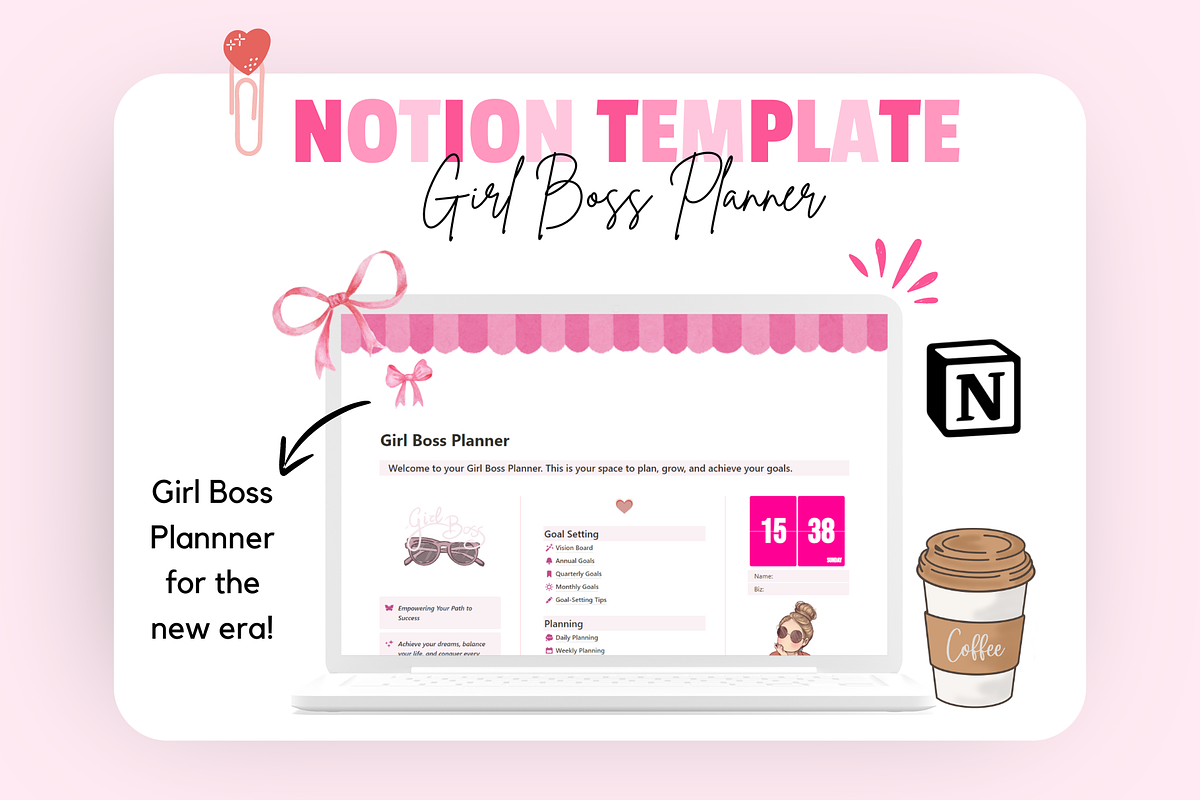 Girl Boss Planner Notion Template, a Templates & Theme by bellaROSEworkshop (Photo 1 of 10)