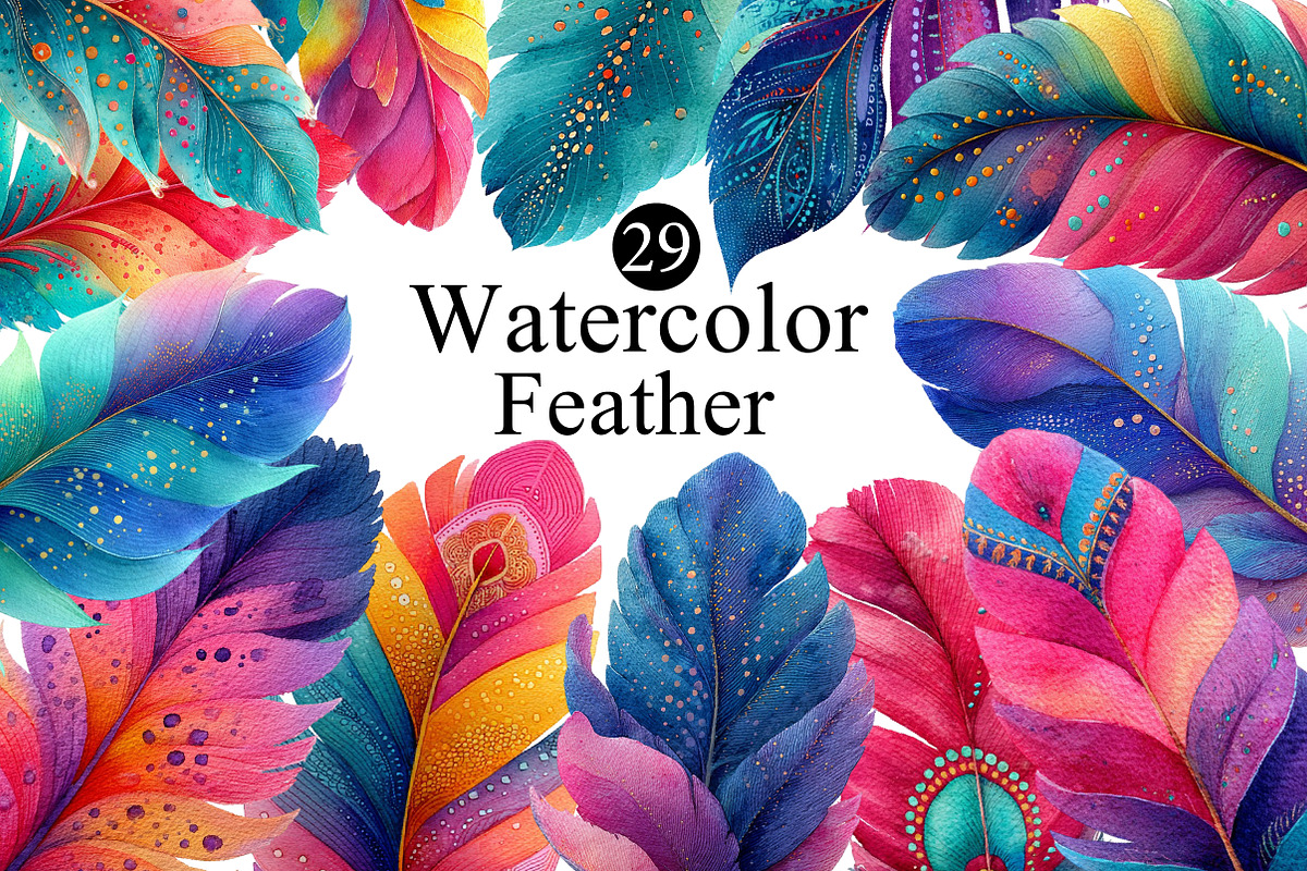 Watercolor Feather Clipart, an Illustration by DreamArtGraphic (Photo 1 of 8)