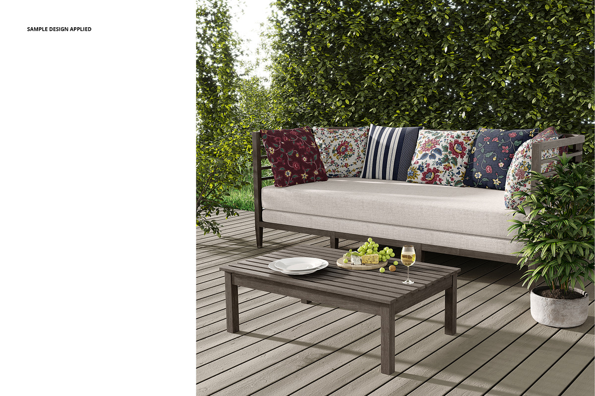 Outdoor Scene Sofa & Pillows Mockup, a Product Mockup by creatsy2 (Photo 4 of 7)