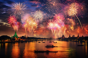 Colorful fireworks over Wat Arun tem, a Photo by Iftikhar Alam