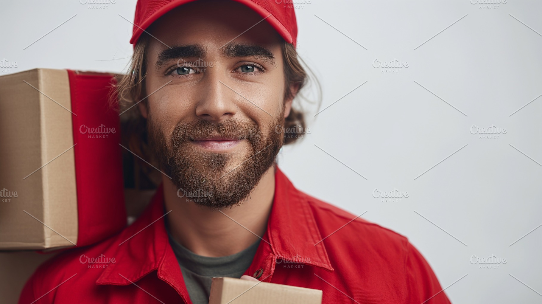Smiling Caucasian male delivery worker in a red uniform, holding packages and r, a Person Photo by ImageMir