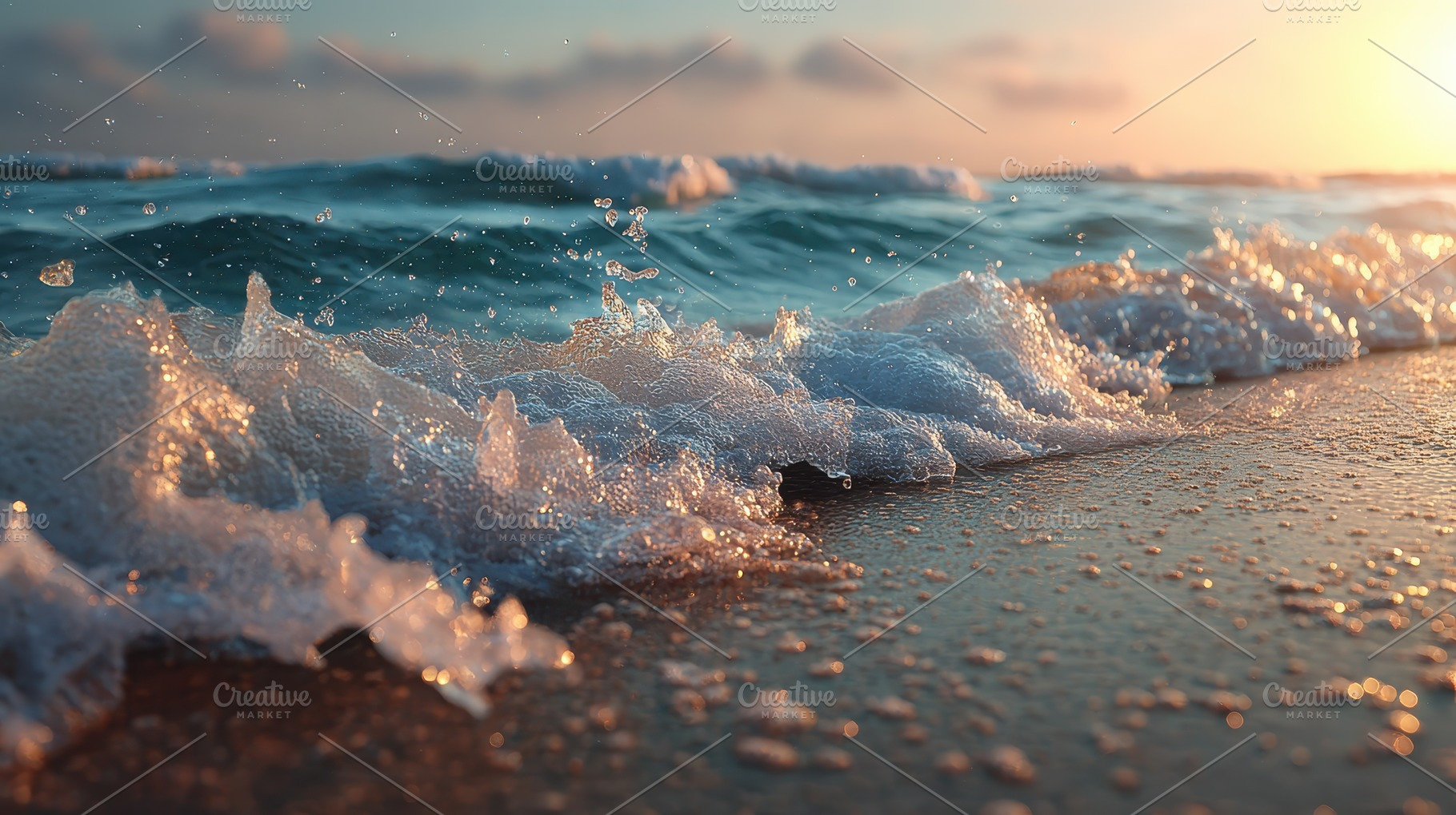 Ocean waves crashing on sandy beach, a Photo by Pixeness Studio