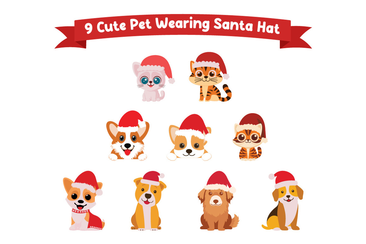9 Cute Pet Wearing Santa Hat, an Illustration by jongcreative (Photo 1 of 4)