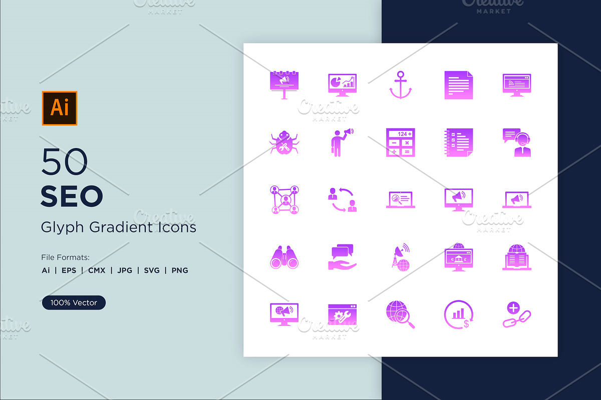 50 SEO Glyph Gradient Icons Set, a Solid Icon by shahsoft (Photo 1 of 5)