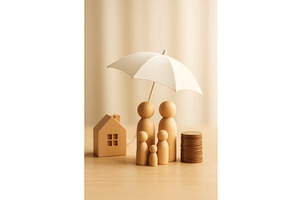 Wooden figurine family under a white, a Finance Illustration by Sergey Kotenev