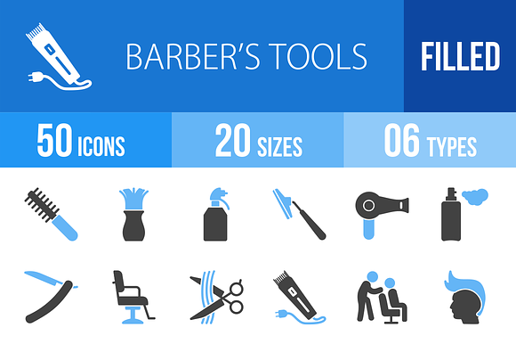 50 Barber’s Tools Blue & Black Icons preview 4