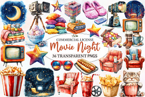 Watercolor Movie Night Clipart, an Illustration by Designworld