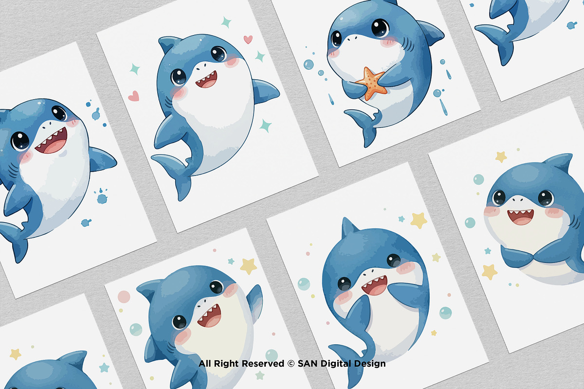 15 Bundle Watercolor Cute Shark Sea, an Animal Illustration by Morspective (Photo 3 of 8)
